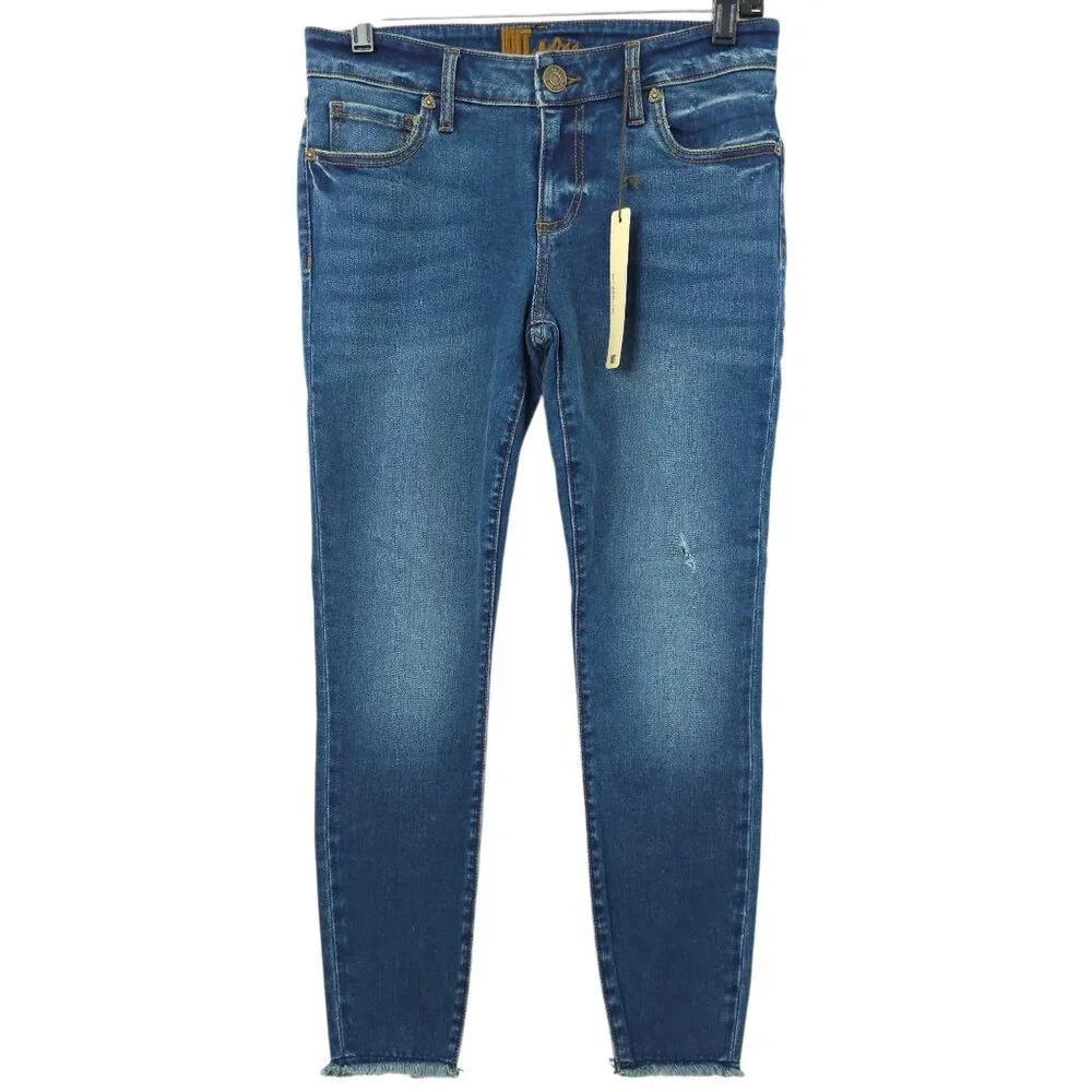 Kut From The Kloth Jeans Ankle Skinny Mid Rise 6 Stretch Distressed Fringe Hem